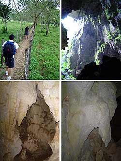 Camino hacia las cuevas, vista parcial de la entrada y formaciones propias de la cueva.